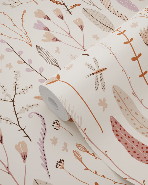 ESTAhome behang veldbloemen warm beige, terracotta en paars - 50 x 900 cm - 131161