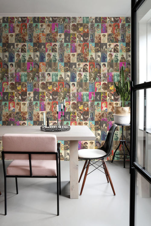 ESTAhome XXL behang vintage ansichtkaarten met vrouwengezichten meerkleurig - 50 x 900 cm - 158102