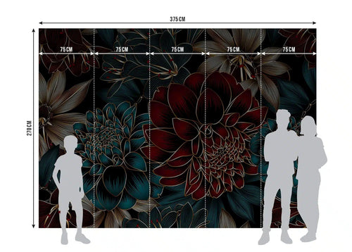 Sanders & Sanders fotobehang bloemen donkerblauw, rood en goud - 375 x 270 cm - 601461