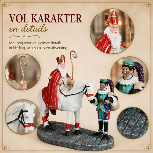 Luville Sinterklaasscène met Piet en Ozosnel - Kerstdorpfiguur uit de Molendam-serie - Sinterklaasdecoratie van Polyresin - Miniatuur voor Winterdorp