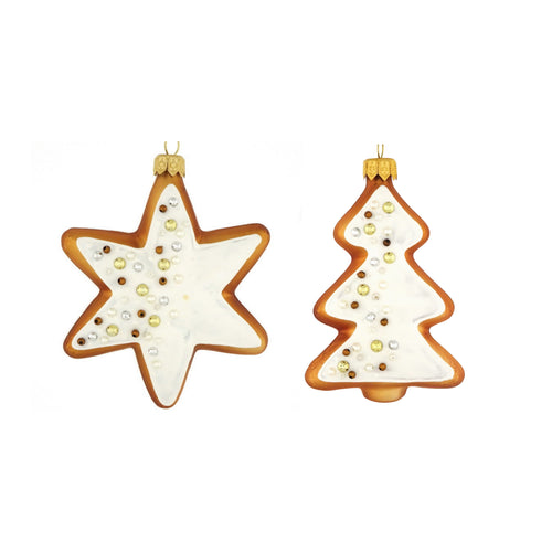 Dagmara kerstdecoratie – vorm van peperkoekkoekjes – glas – set van 2 – met witte decoratie