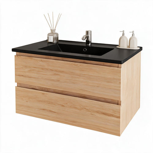 LOMAZOO badkamermeubel Marenza - zwevend - zwart keramiek - licht eiken - 80 cm