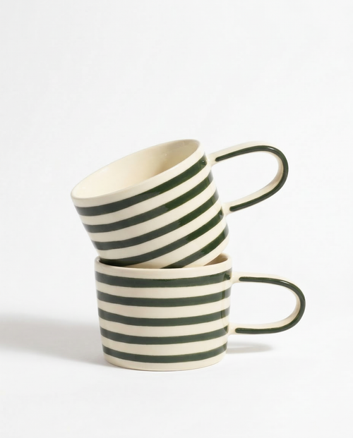 vtwonen - Mokken - Groen - Strepen - Set van 2 - Keramiek - 350ml
