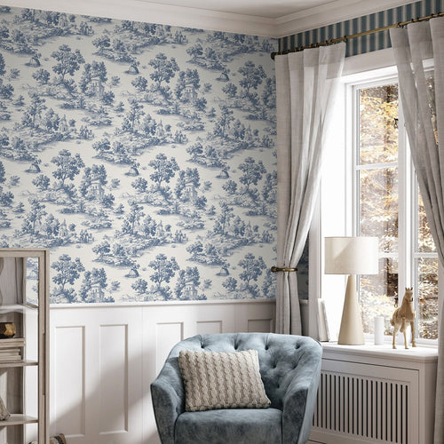 Sanders & Sanders behang toile de jouy print blauw - 53 cm x 10 m - 641035