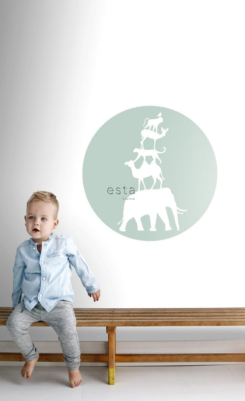 ESTAhome zelfklevende behangcirkel gestapelde dieren mintgroen - Ø 70 cm - 158977