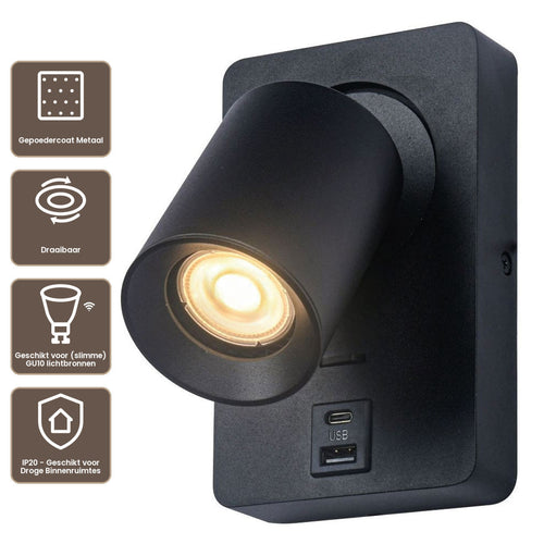 Artdelight Wandlamp Megano USB - Zwart