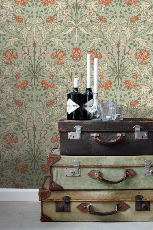 ESTAhome behang vintage bloemen in art nouveau stijl groen en terracotta - 50 x 900 cm - 131180 - vtwonen shop
