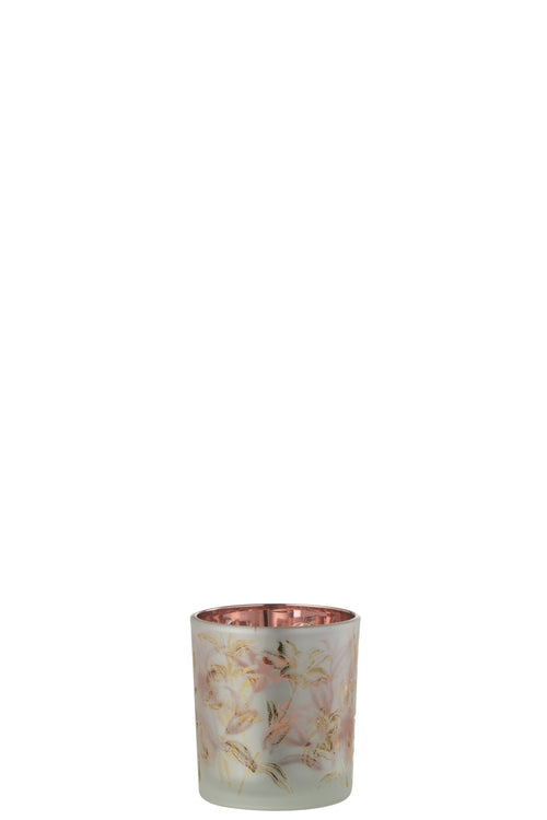 J-Line windlicht Bloemen - glas - wit/rood/goud - small
