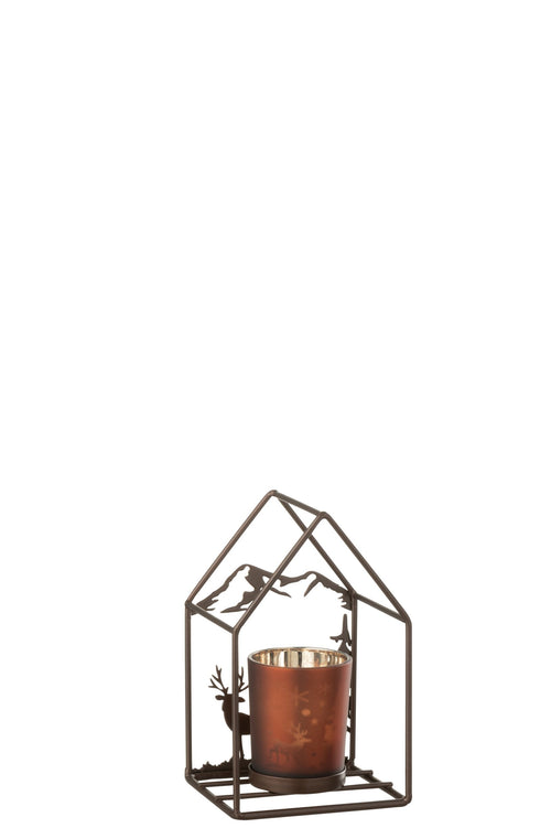 J-Line theelichthouder Huis 1 - glas/ijzer - roestbruin/bruin