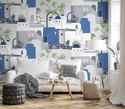 Sanders & Sanders fotobehang mediterrane huisjes grijs en blauw - 318 x 280 cm - 640831