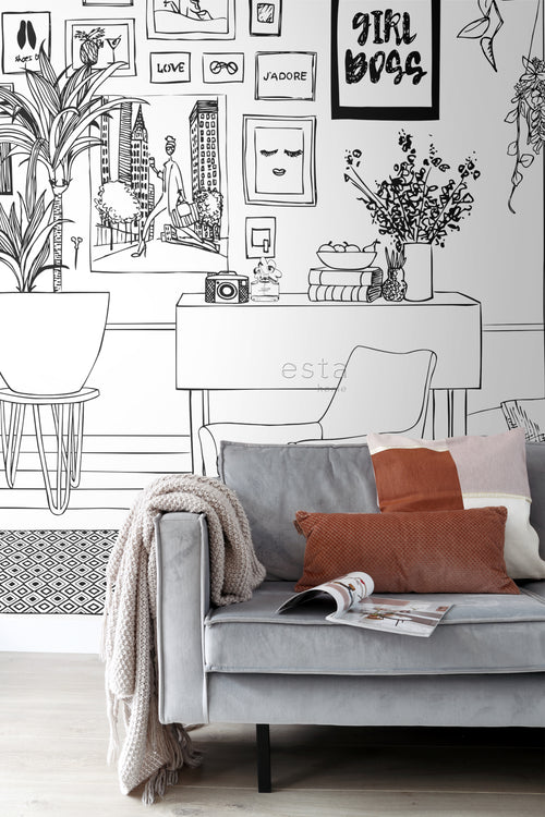 ESTAhome fotobehang tekening woonkamer zwart wit - 325.5 x 279 cm - 159097