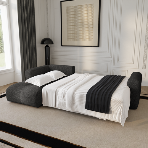 Premium Interiors - Linkshoekbank met slaapfunctie en opbergruimte VIBE - bouclé-stof grafietgrijs 286cm
