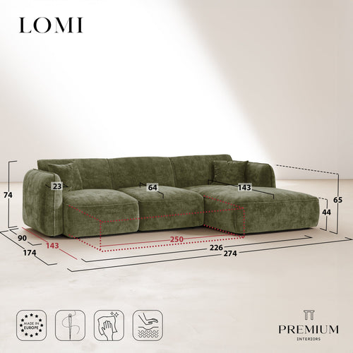 Premium Interiors - Rechthoekige hoekbank LOMI - gewaafd fluweel vintage groen 274cm