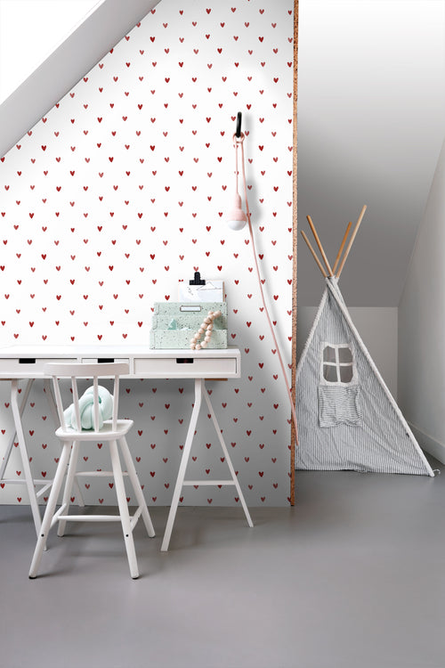 ESTAhome behang hartjes wit en rood - 50 x 900 cm - 131629
