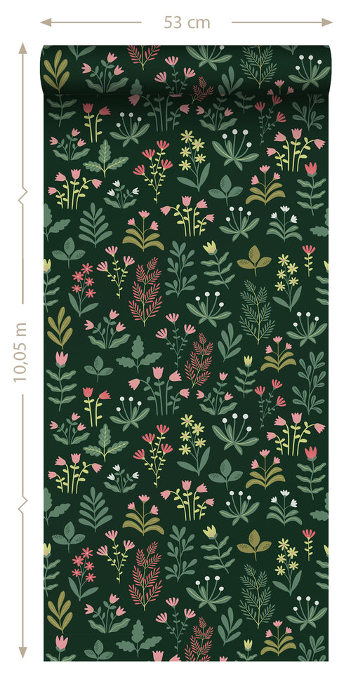 ESTAhome behang veldbloemen donkergroen en roze - 50 x 900 cm - 131099 - vtwonen shop