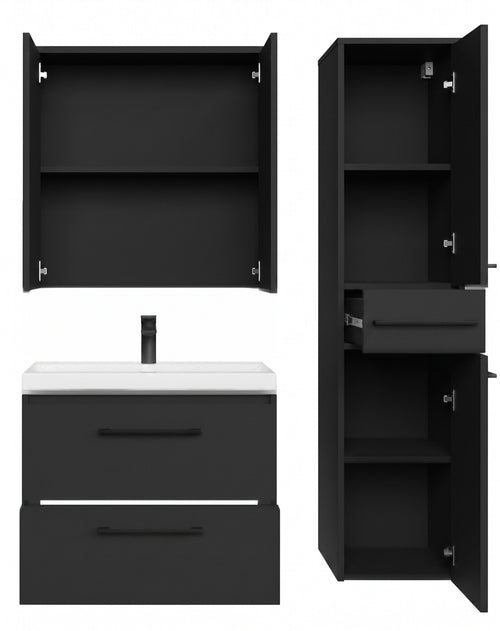 Badplaats Badkamermeubel Set Florence 60 cm – Mat Zwart – Hangend Badmeubel met Wastafel, Spiegelkast en Zijkast