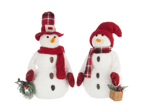 J-Line figuur Sneeuwman Jongen + Meisje - polyresin - wit/rood - 2 stuks - vtwonen shop