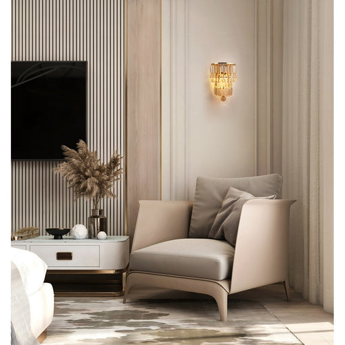 Searchlight Empire 2-lichts wandlamp, satijnen messing metaal en champagne kristal