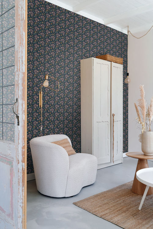 ESTAhome behang vintage bloemen donkerblauw en paars - 50 x 900 cm - 131820