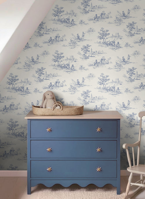 ESTAhome behang toile de jouy print blauw en wit - 50 x 900 cm - 132110
