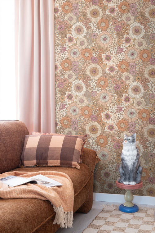 ESTAhome behang retro bloemen terracotta, paars en wit - 53 cm x 10.05 m - 131314