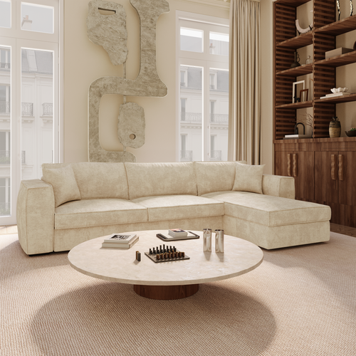 Premium Interiors - Rechthoekige hoekbank MIKA - zacht aanvoelende geweven stof beige 292cm