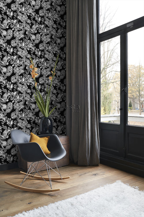 ESTAhome behang funky bloemen en paisleys zwart en wit - 53 cm x 10.05 m - 136844