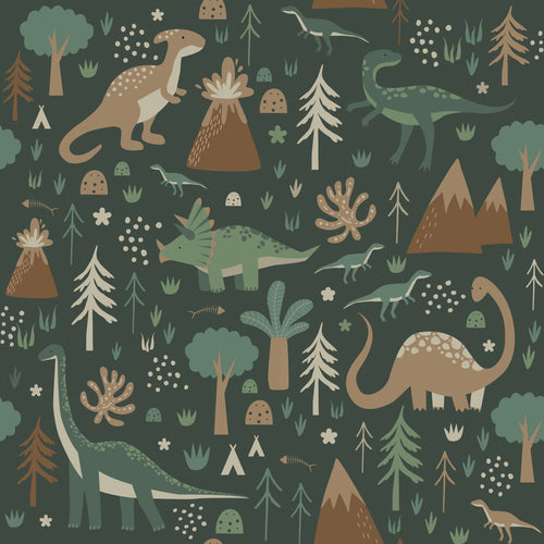 ESTAhome behang dinosaurussen donkergroen en bruin - 53 cm x 10.05 m - 139802