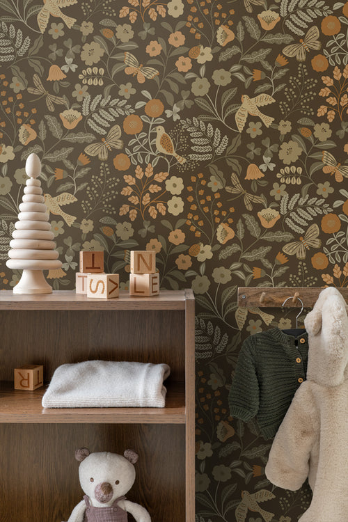 ESTAhome behang bloemen en vogels vergrijsd groen, bruin en okergeel - 50 x 900 cm - 131466 - vtwonen shop