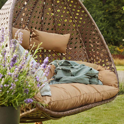 Home Deluxe - Polyrattan hangstoel met regenhoes TWIN | Kleur: Bruin, Kenmerken: incl. regenhoes