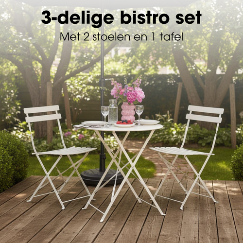 Mica Decorations Laurence Bistroset Metaal - Set van 3 - Tuinstoelen en Tuintafel - Balkonset 2 Personen - Bistrotafel Rond en Bistrostoel Bistro Set