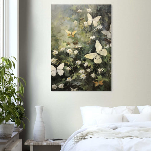 Artfulprints Poster met Lijst Butterflies in flowerfield   - 50x70 cm - Donkergroen