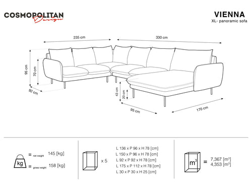 Cosmopolitan Design Panoramische hoekbank links Vienna 7-zits, flueel, zwart - 235x330x95cm