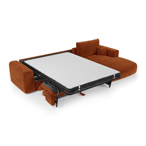 Premium Interiors - Rechthoekige hoekbank met snelle slaapfunctie COMO - weefsel met ruitpatroon, voelt zacht aan terracotta 300cm