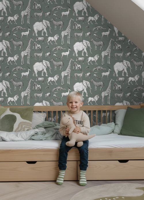 ESTAhome behang jungle dieren vergrijsd groen - 53 cm x 10.05 m - 139513