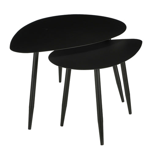 Mica Decorations Bijzettafel Set van 2 - Salontafel Zwart met Druppelvormig Blad - Ronde Tafel voor Binnen - Slim Stapelbaar Nachtkastje - L80 x B60 x