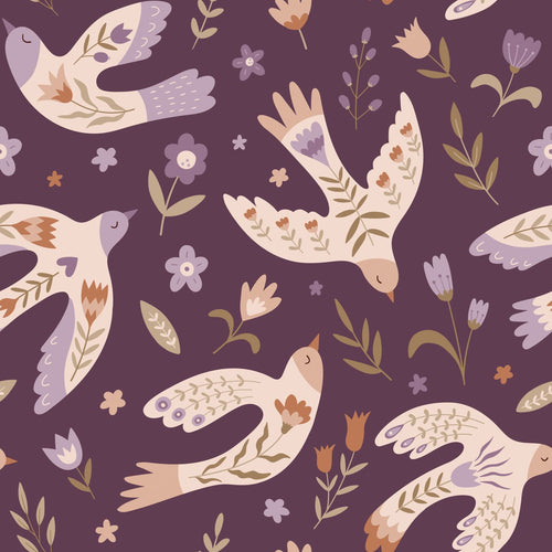 ESTAhome behang bloemen en vogels paars - 50 x 900 cm - 131757