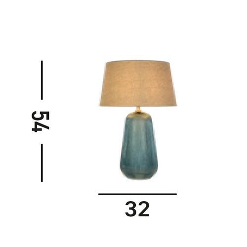 Searchlight Cameo 1-lichts tafellamp, blauw glas met natuurlijke linnen kap