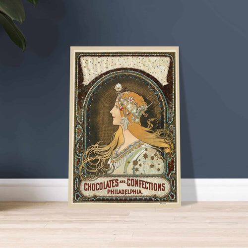 Artfulprints Poster met Lijst Alphonse Mucha - Chocolates and confections Philadelphia   - A4 21x29.7 cm - Bruin