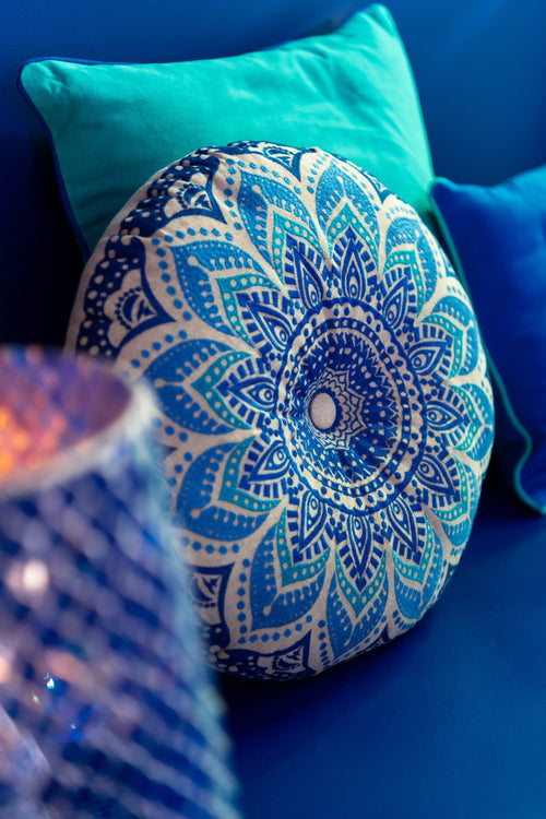 J-Line kussen Rond Bloem - katoen - turquoise/blauw - 2 stuks - vtwonen shop