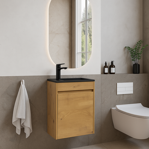 Badplaats Toiletmeubel Sinta 40 x 22 cm – Eiken – Fonteinmeubel met Zwarte Wastafel