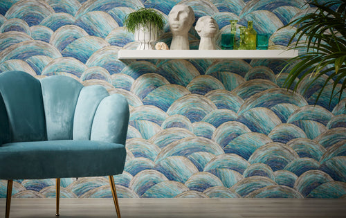Livingwalls behang art deco bogen blauw, turquoise, goud en grijs - 53 cm x 10.05 m - AS-391051