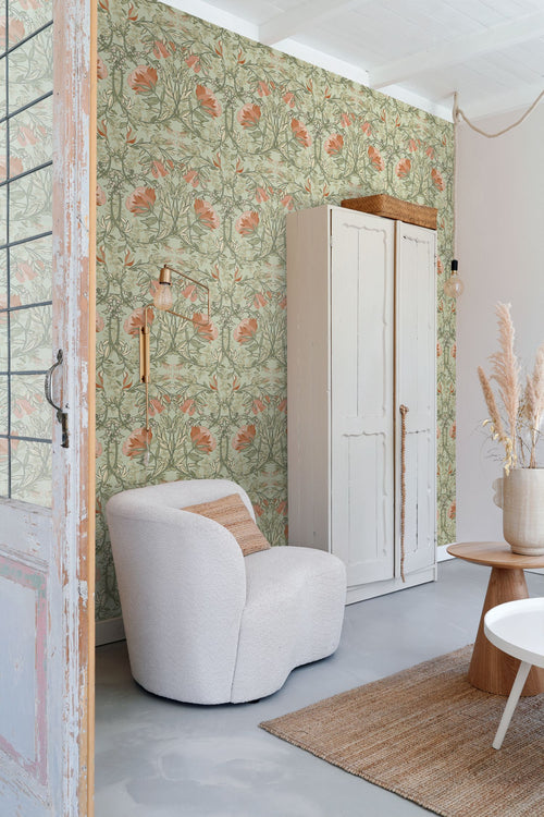 ESTAhome behang vintage bloemen in art nouveau stijl groen en terracotta - 50 x 900 cm - 131852