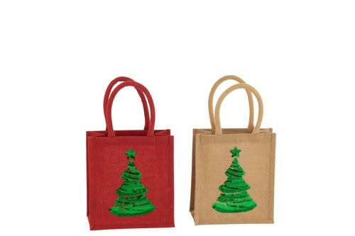 J-Line zak Kerstboom Pailletten - jute - naturel/rood - 2 stuks