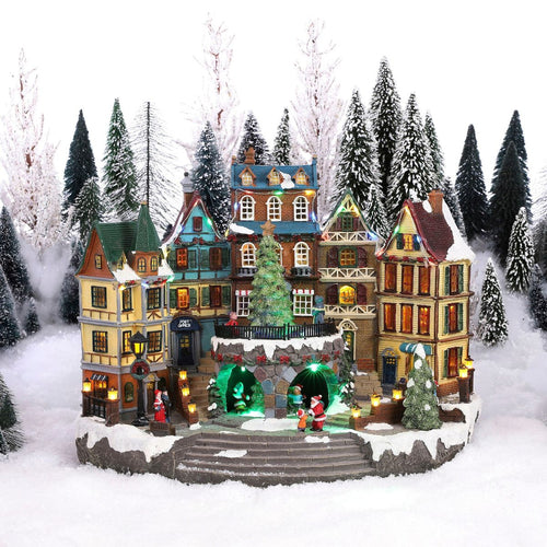 Luville Kerstdorp Miniatuur Dorpsplein - Kerstversiering met Draaiende Kerstboom - Kerstslingers voor Sfeervolle Aankleding - Kerst Deco Dorpje - L42