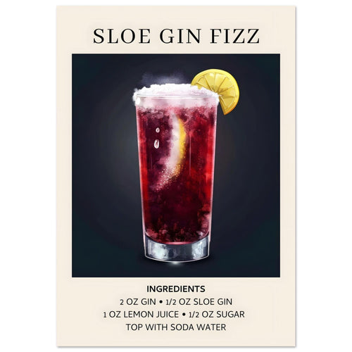 Artfulprints Poster met Lijst Sloe Gin Fizz cocktail - Ingrediënten   - A4 21x29.7 cm - Zwart