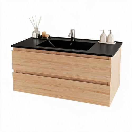LOMAZOO badkamermeubel Marenza - zwevend - zwart keramiek - licht eiken - 100 cm