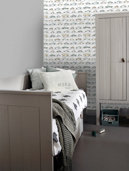 ESTAhome behang auto's vergrijsd groen, grijs en beige - 50 x 900 cm - 139537