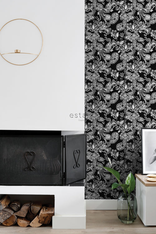 ESTAhome behang funky bloemen en paisleys zwart en wit - 53 cm x 10.05 m - 136844