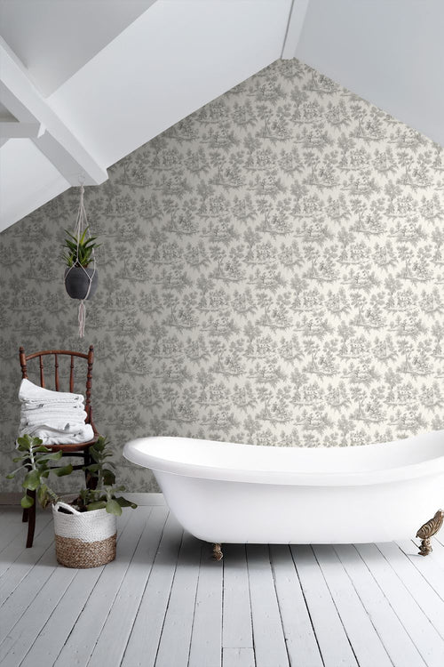 ESTAhome behang toile de jouy print grijs - 50 x 900 cm - 132092